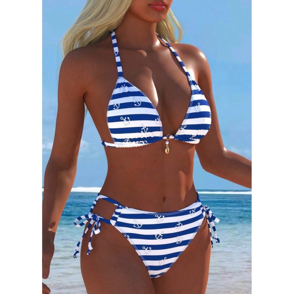 Blue White Striped Anchor Nautical Triangle Bikini Set Medium NWT